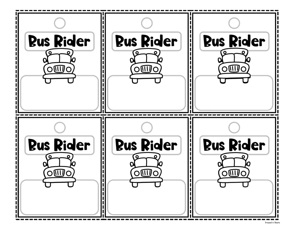 Bus Rider tags in black and white: six school bus outline tags to colour, each with space for a child's name