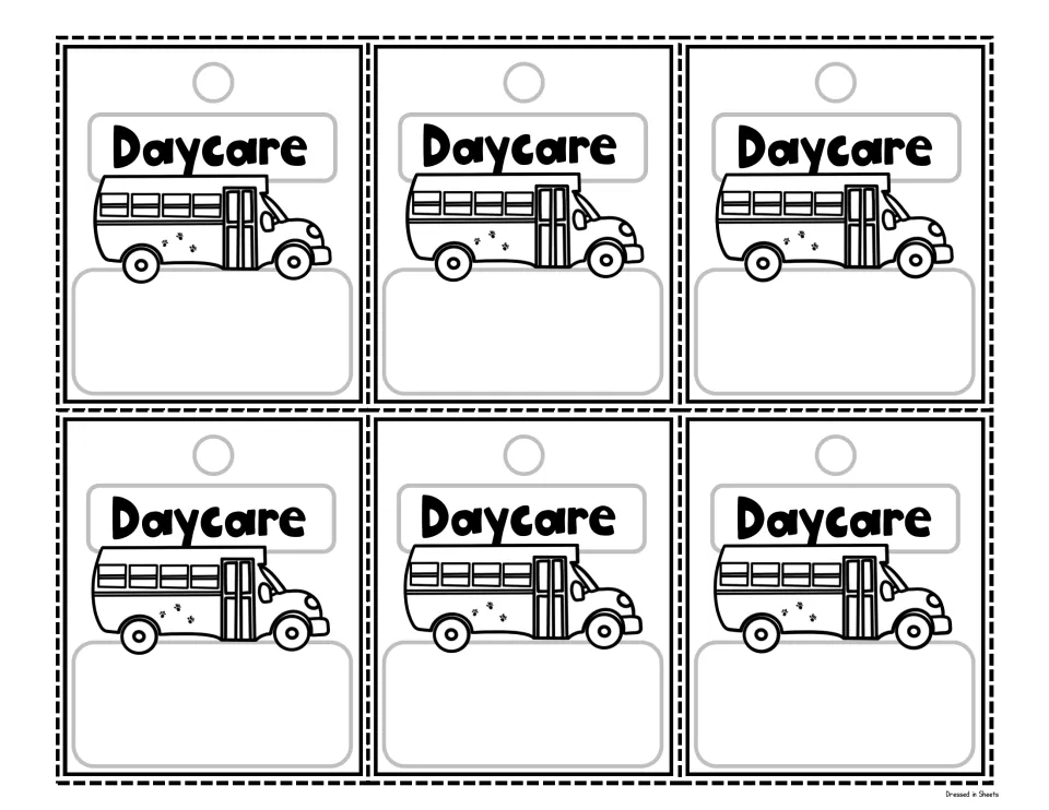 Daycare tags in black and white: six daycare bus outline tags ready to colour, each with a space for a child's name