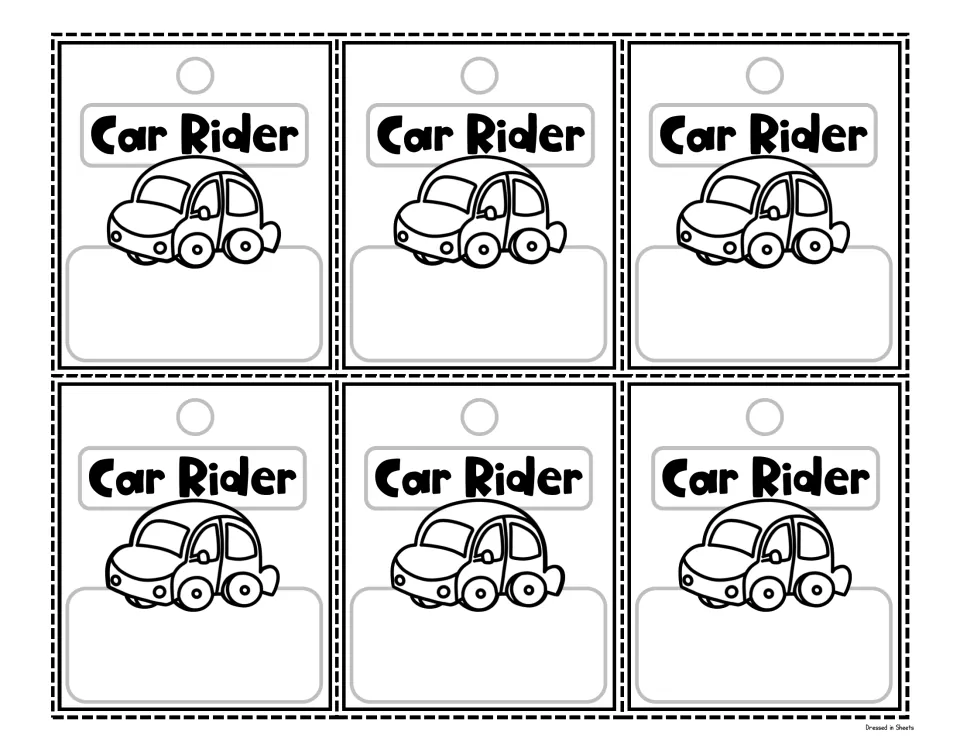 Car Rider tags in black and white: six car outline tags for students to colour, with a space to add each name