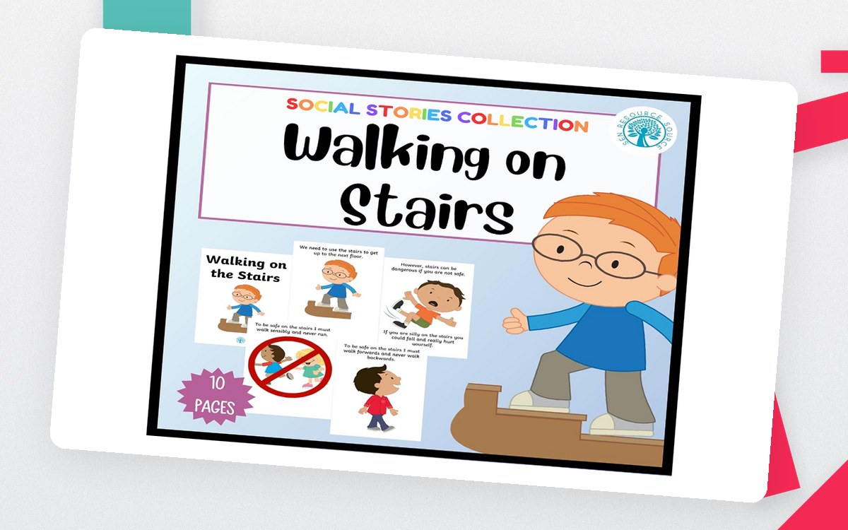Walking on the Stairs social-story cover with safe and unsafe stair illustrations.