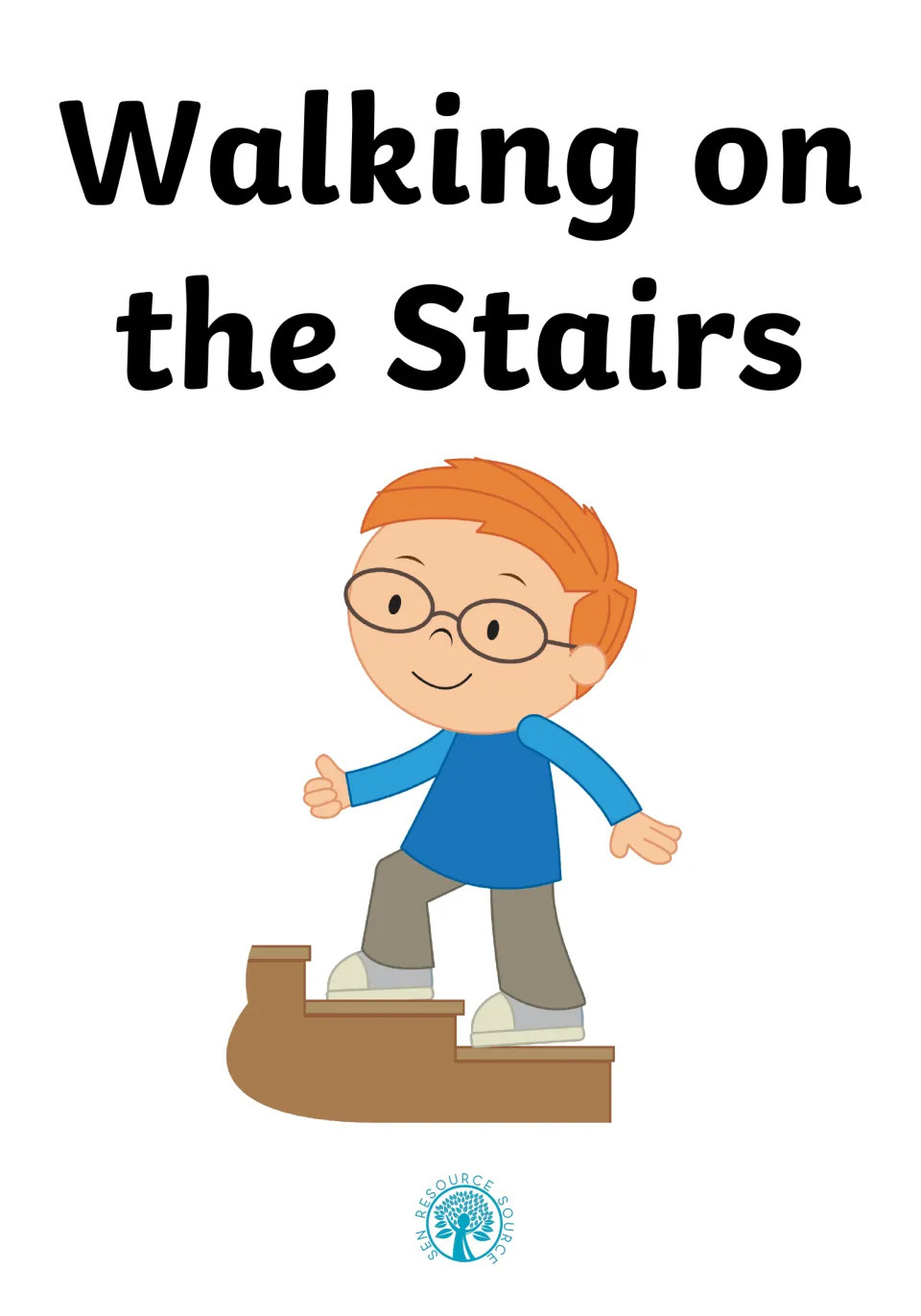 Cover of a stair safety social story titled Walking on the Stairs, showing a smiling boy with glasses climbing steps
