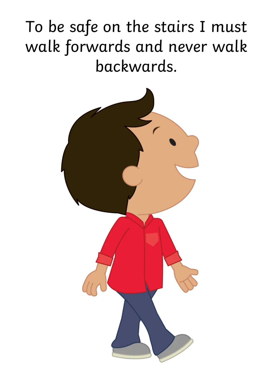 Stair safety rule: walk forwards and never walk backwards, shown by a smiling boy in a red shirt walking ahead