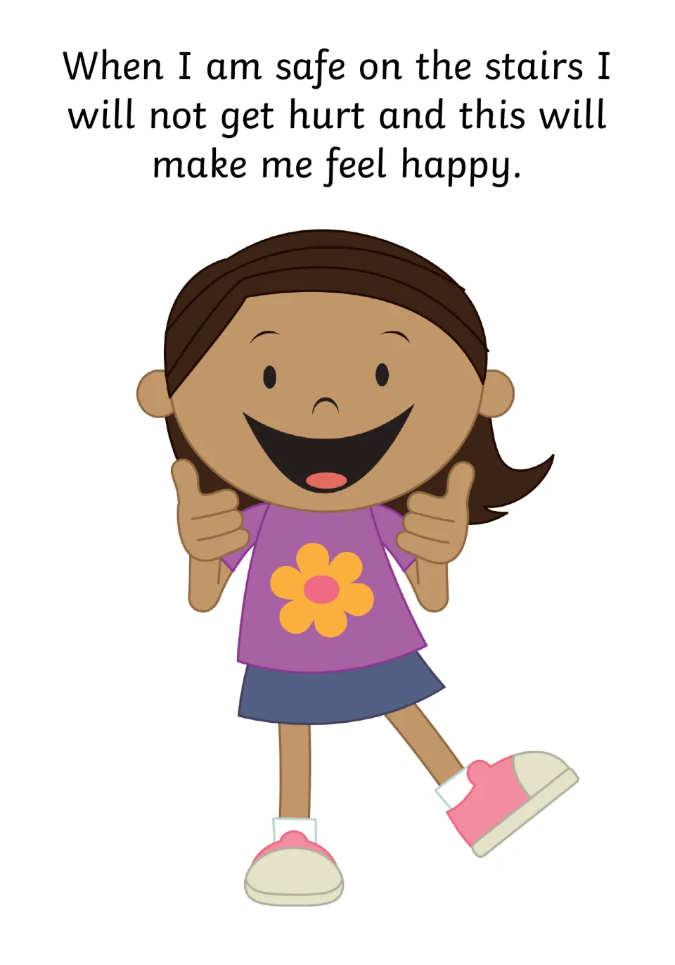 Stair safety outcome: being safe on the stairs means I will not get hurt and will feel happy, with a girl giving thumbs up