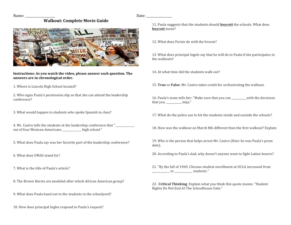 Walkout movie guide: 22 questions answered in order while viewing, from Lincoln High to a Student Rights quote analysis