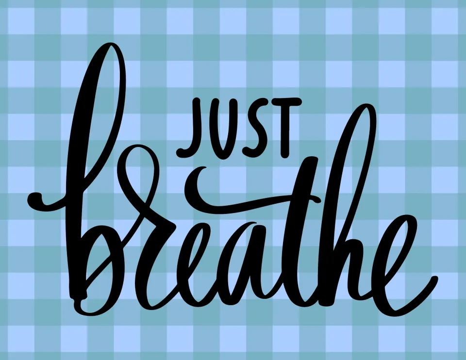Self-care poster reminding students to breathe: "Just breathe" in black hand lettering on a blue gingham pattern