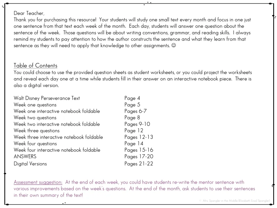 Teacher introduction and contents for four weeks of Walt Disney sentence study, foldables, and digital versions
