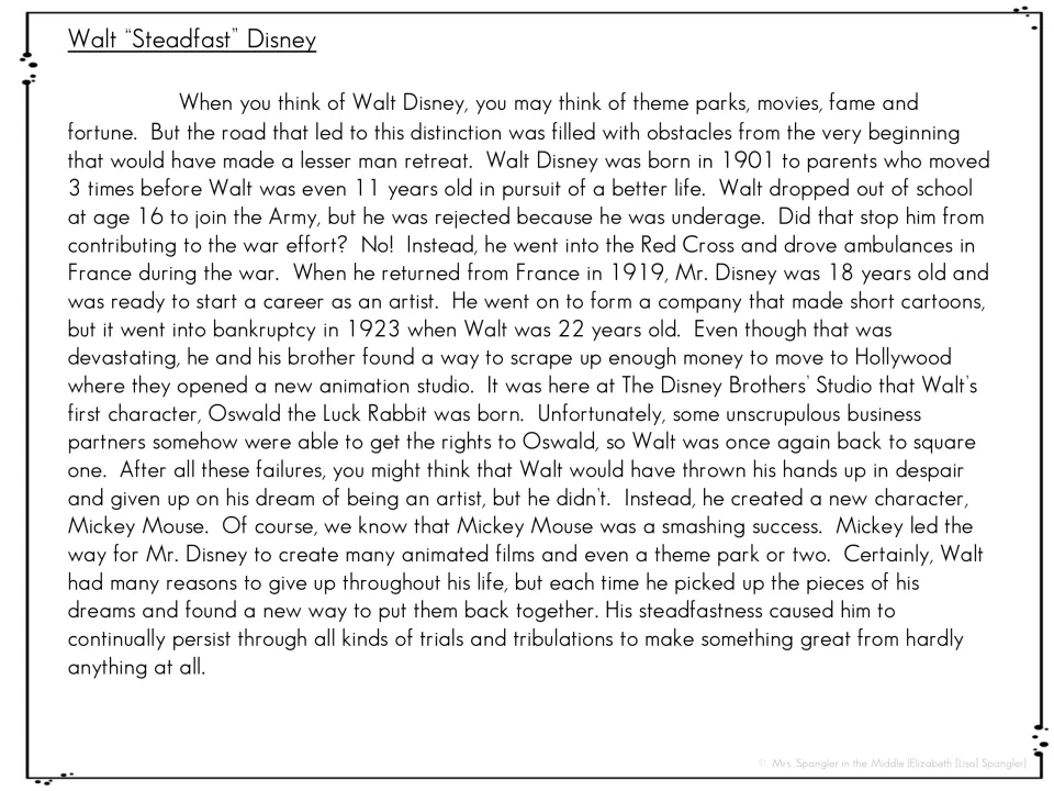 Nonfiction passage, Walt “Steadfast” Disney, traces setbacks and persistence from wartime service to Mickey Mouse