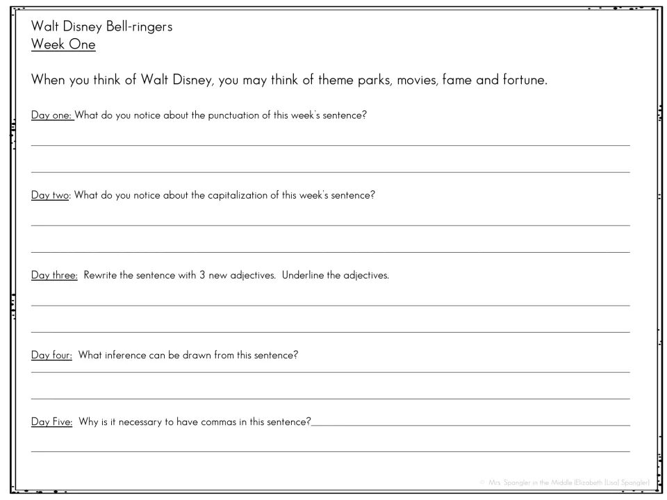Week one bell work uses a sentence about Disney's fame to study punctuation, capitalization, adjectives, and inference
