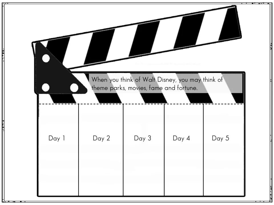 Week one movie clapboard foldable repeats the sentence about Disney's theme parks, movies, fame, and fortune