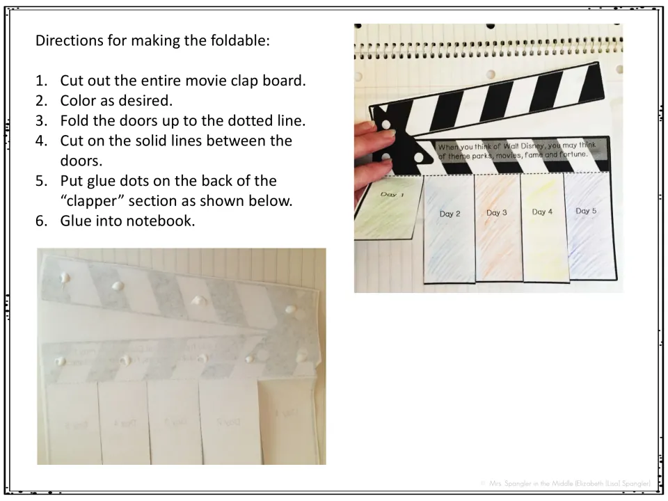 Week one foldable directions explain cutting, coloring, folding, and gluing the movie clapboard into a notebook