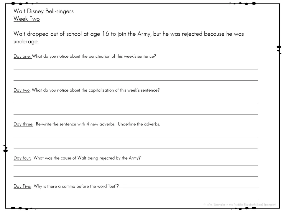 Week two bell work studies Disney's Army rejection through punctuation, capitalization, adverbs, and cause