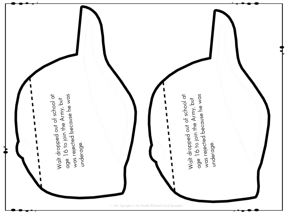 Two copies of week two's hat foldable carry the sentence about Disney leaving school and being rejected by the Army