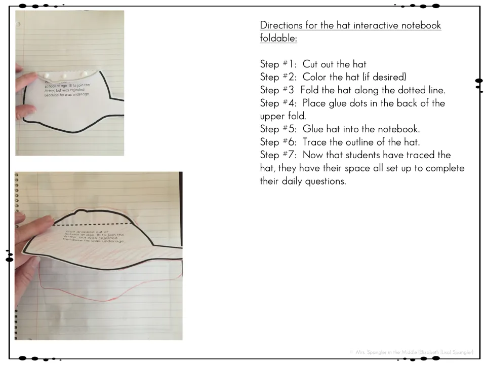 Week two hat foldable directions show how to cut, color, fold, glue, and trace space for daily notebook answers