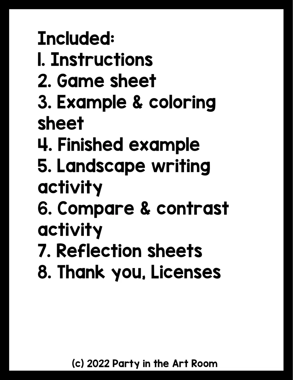 Contents list naming instructions, a game sheet, artwork examples, writing, comparison, and reflection activities