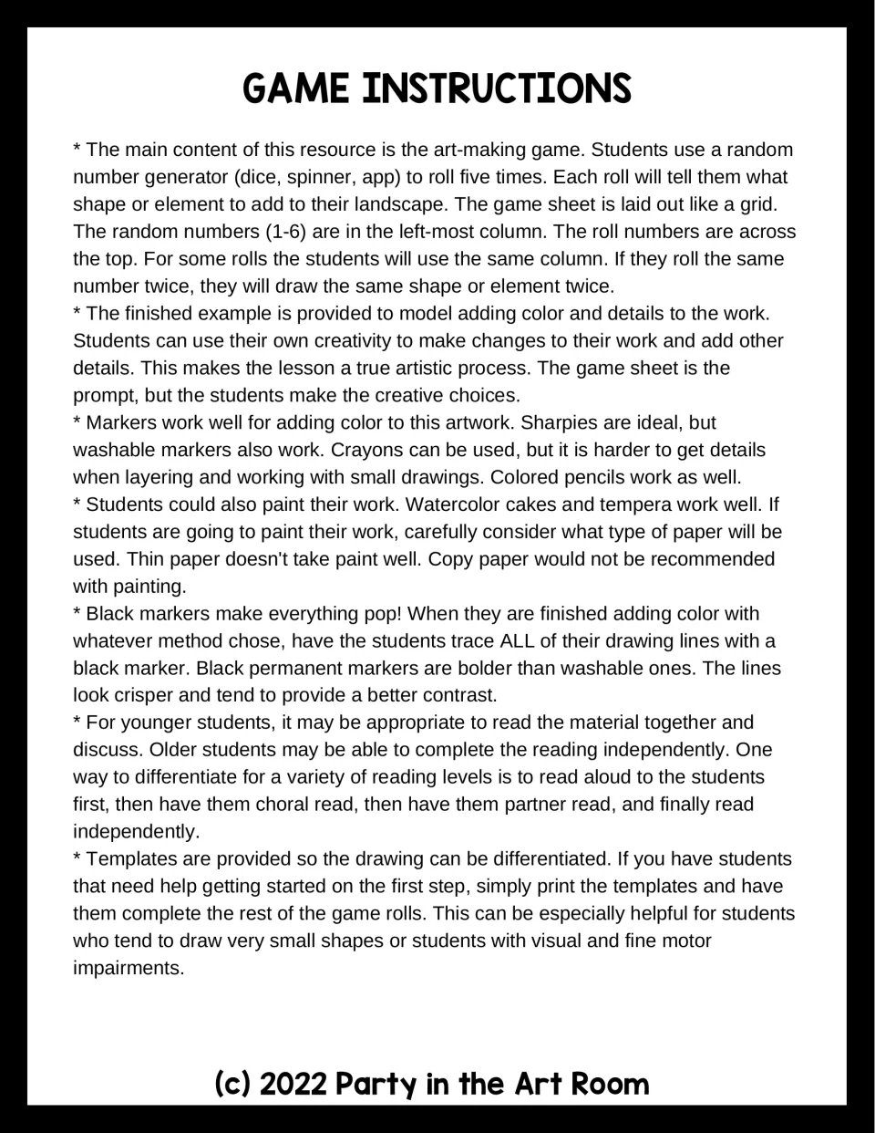 Game instructions explaining five random rolls to build a landscape, coloring options, and template support