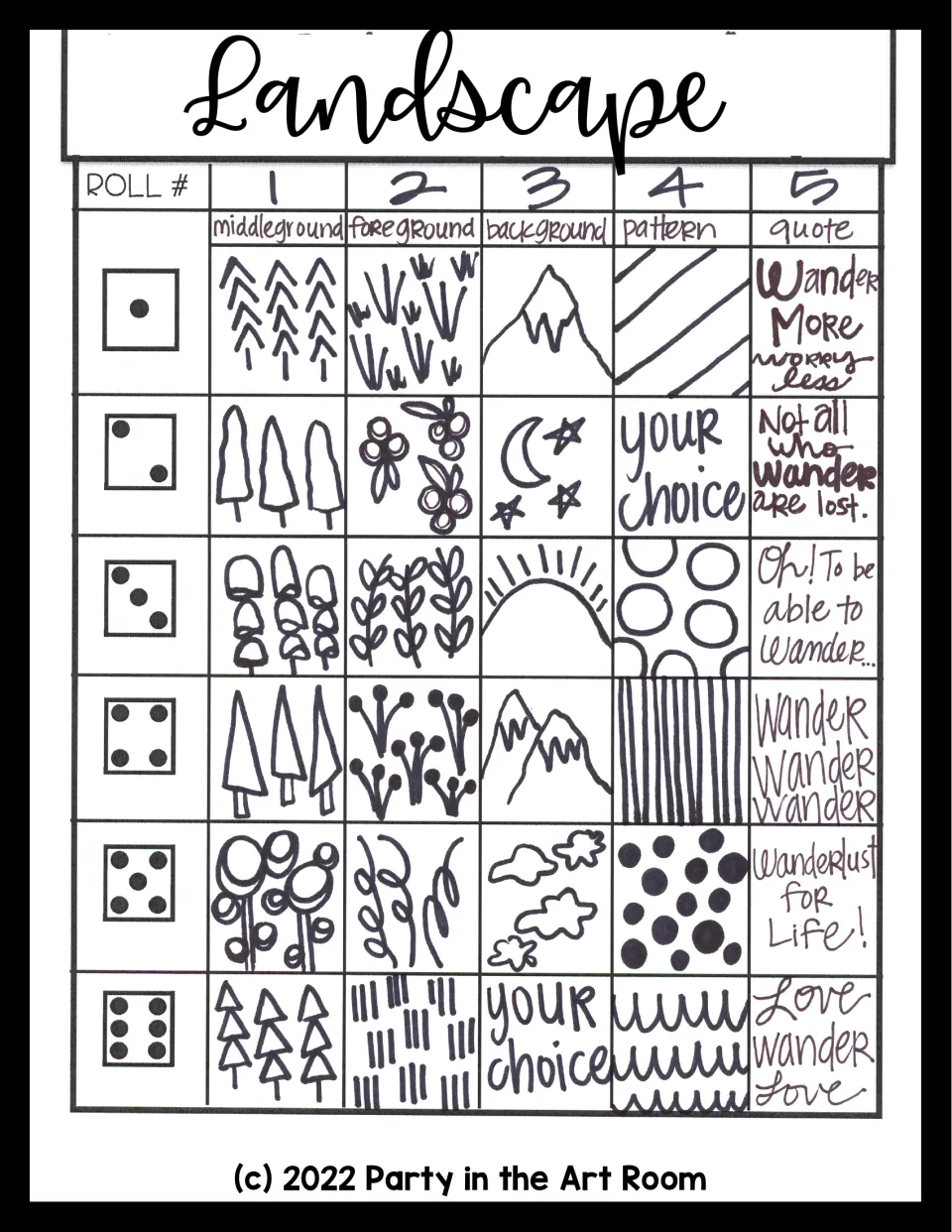 Landscape game sheet assigning middleground, foreground, background, pattern, and quote choices across five rolls