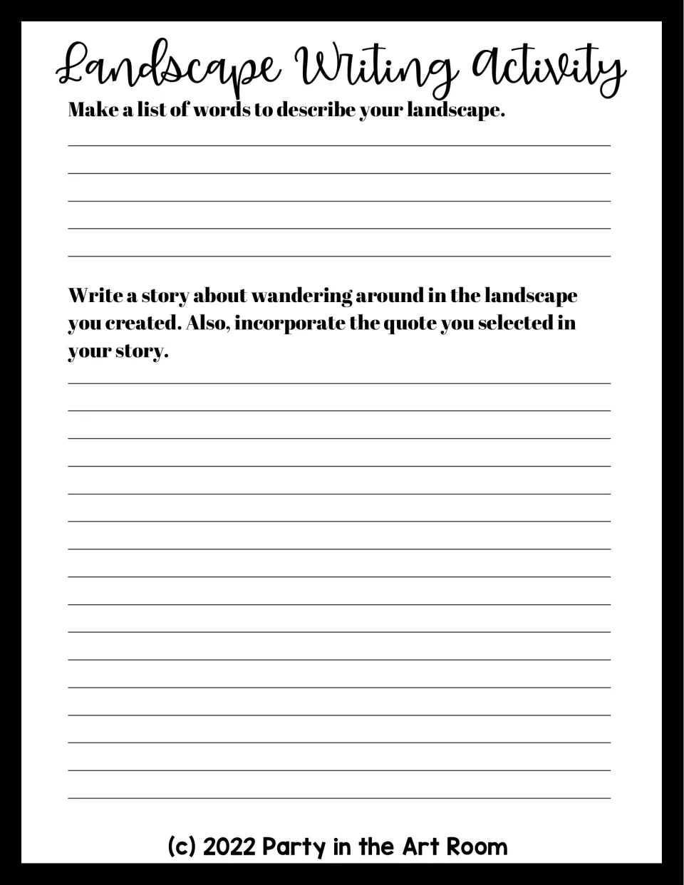 Landscape writing activity asking for descriptive words and a story about wandering that includes the chosen quote