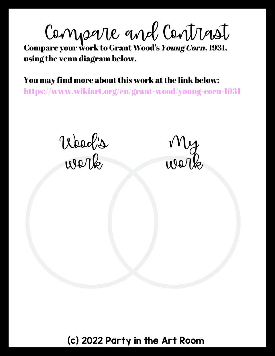 Compare and contrast activity asking students to compare their landscape artwork with Grant Wood’s Young Corn, 1931