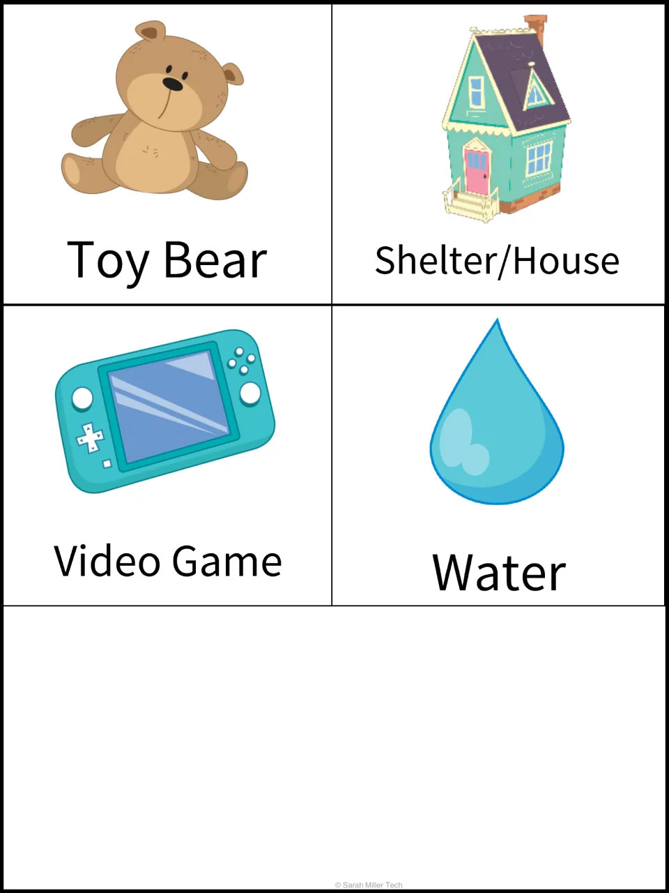 Color sorting cards for toy bear, shelter/house, video game and water, completing the eight-item set