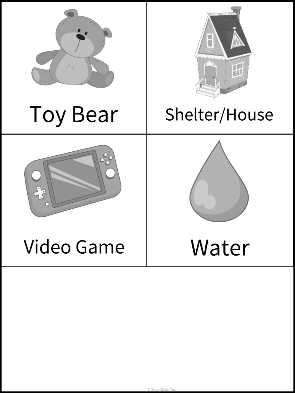 Black-and-white sorting cards for toy bear, shelter/house, video game and water complete the eight-item set