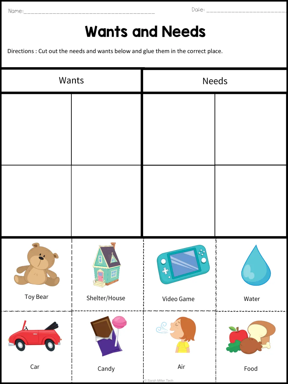 Color cut-and-paste sorting worksheet: place toy bear, shelter/house, video game and five more as wants or needs