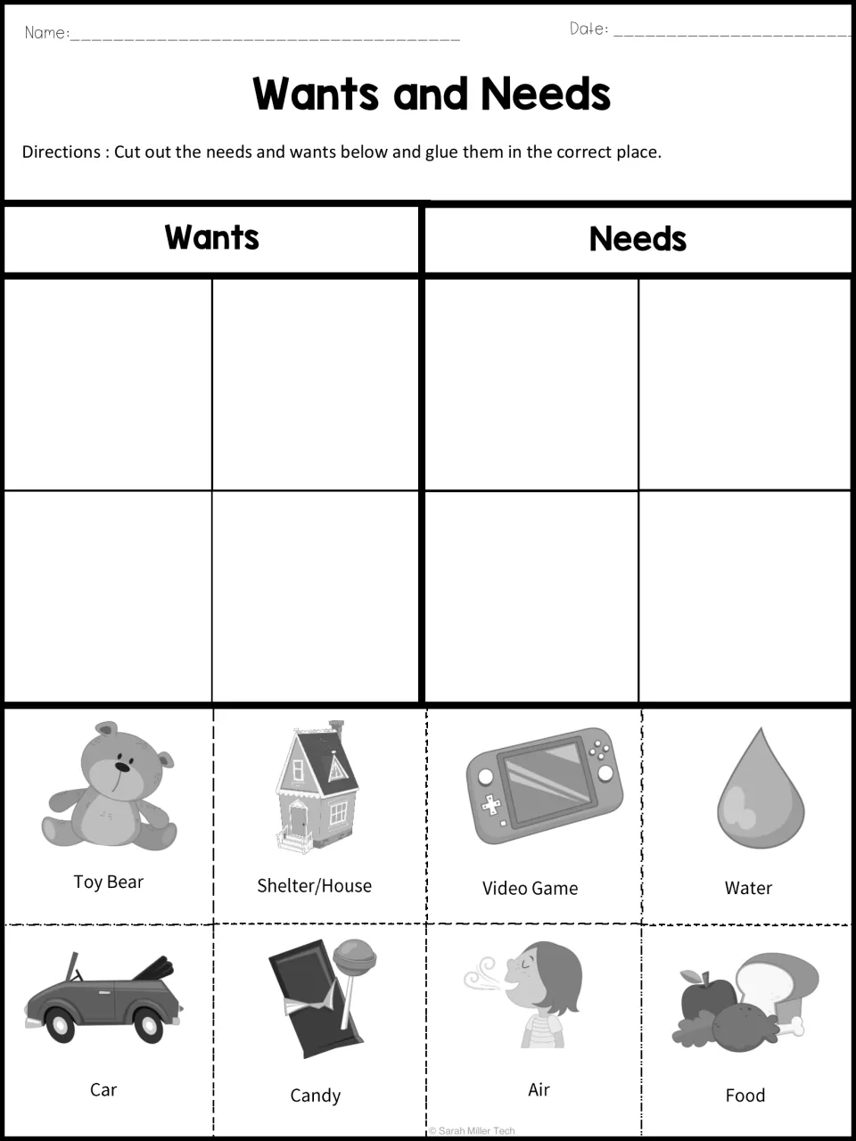 Black-and-white cut-and-paste worksheet: sort car, candy, air, food and four more items into wants and needs