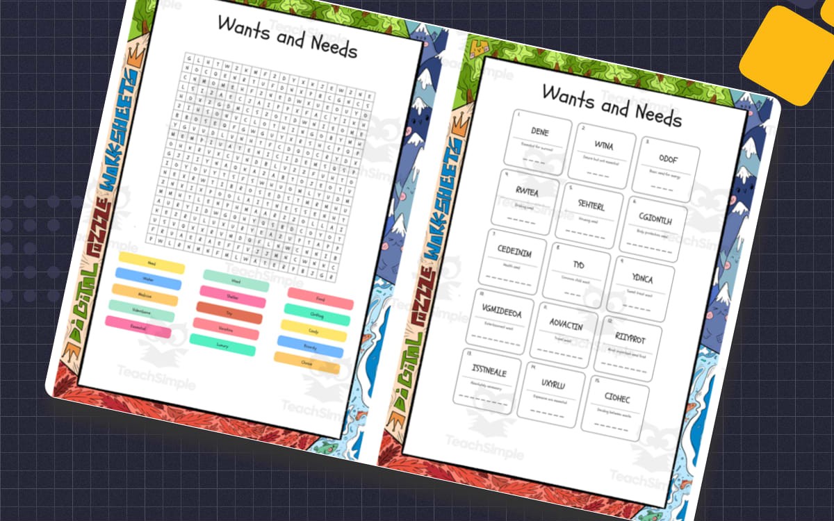 Wants and Needs puzzle set showing a word search and economics word-bank page with terms such as scarcity and choice.