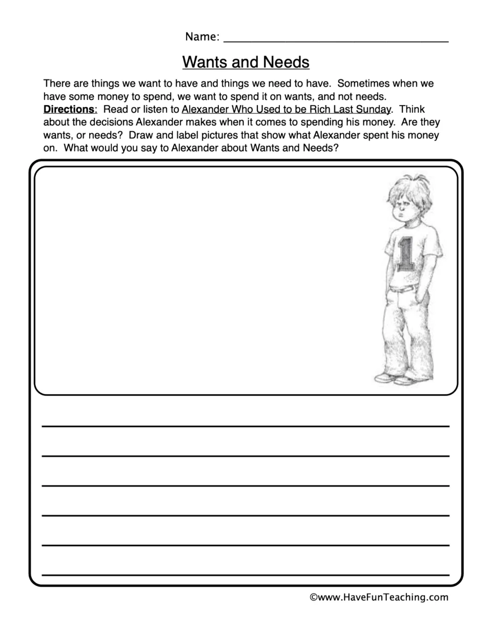 Wants and needs response to Alexander Who Used to Be Rich Last Sunday: students draw what he bought and write advice