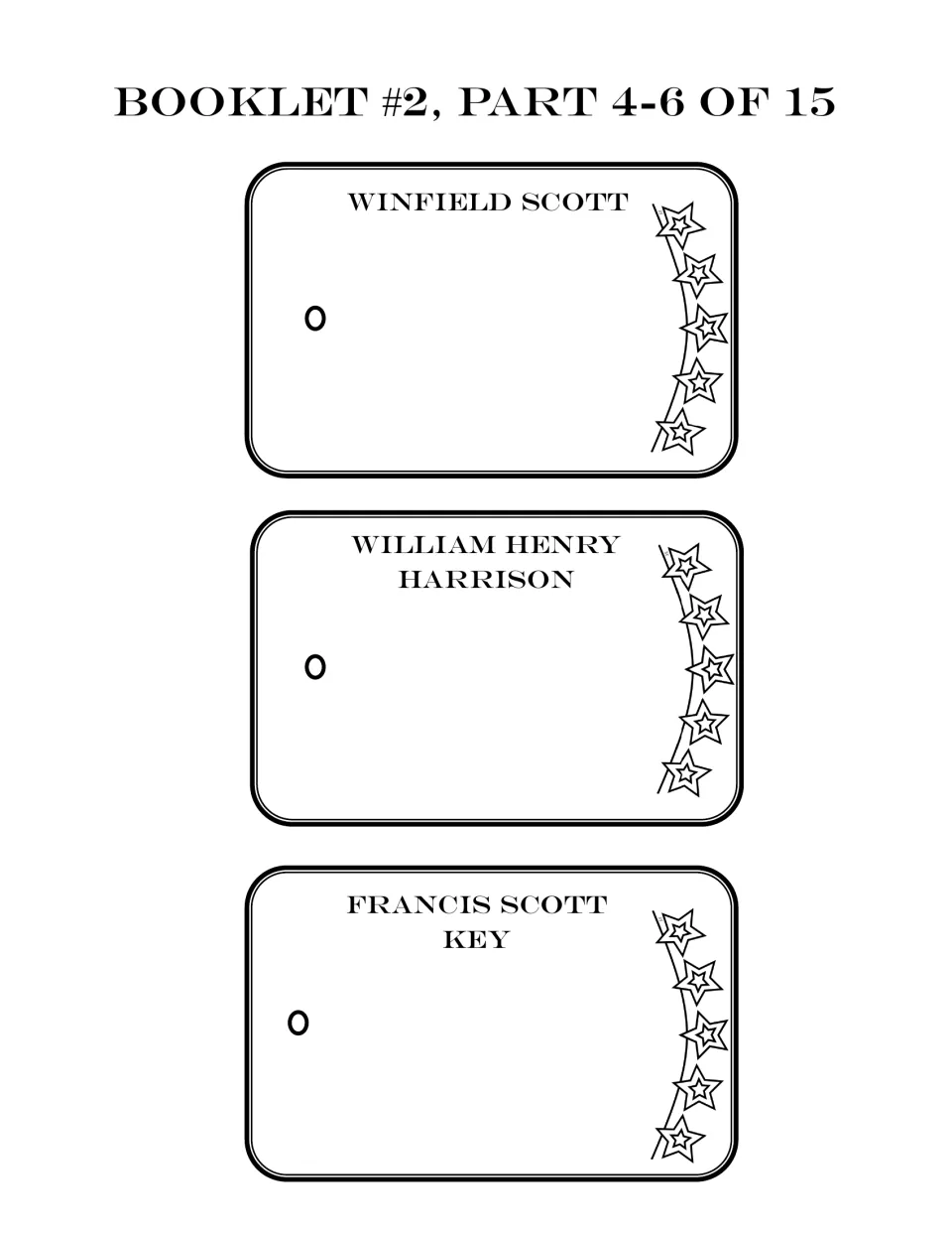 Famous people booklet parts 4–6 of 15: entries for Winfield Scott, William Henry Harrison, and Francis Scott Key