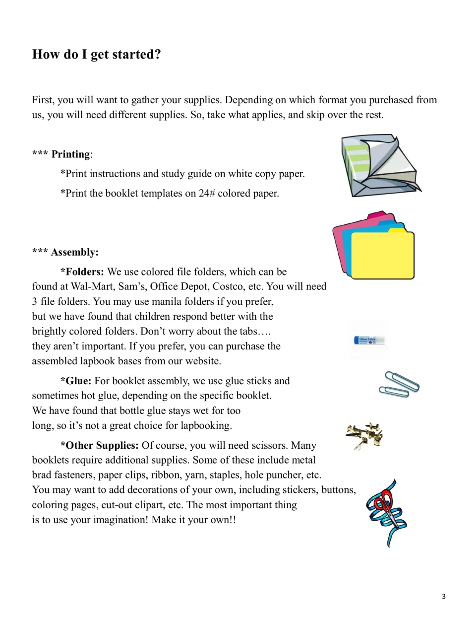 Lapbook supply guide covering printing paper, file folders, glue, scissors, and optional assembly supplies
