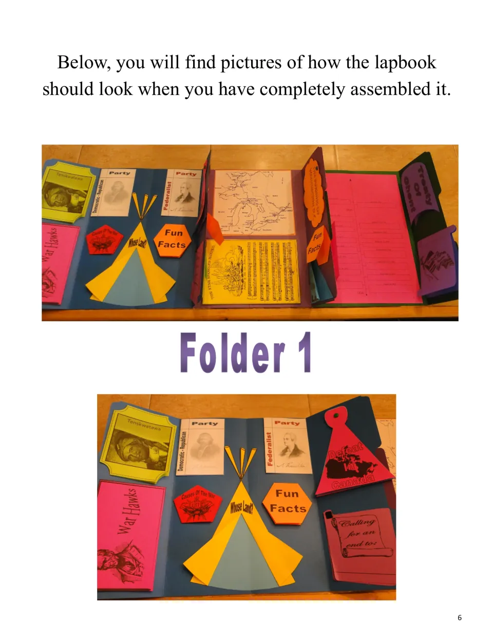 Completed lapbook reference photos showing the full project and Folder 1 booklets on war causes and parties
