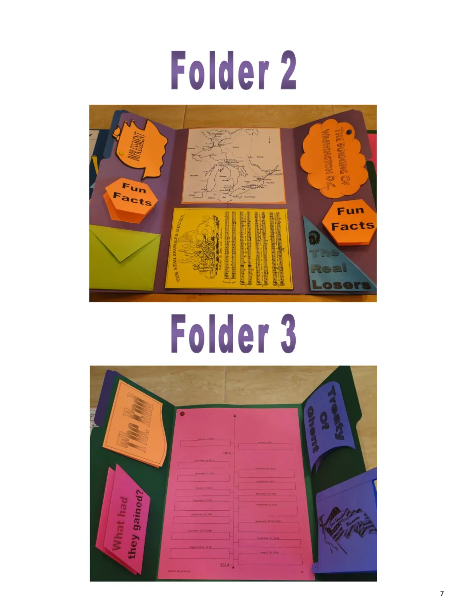 Lapbook assembly reference photos of Folders 2 and 3, including impressment, a timeline, and the Treaty of Ghent
