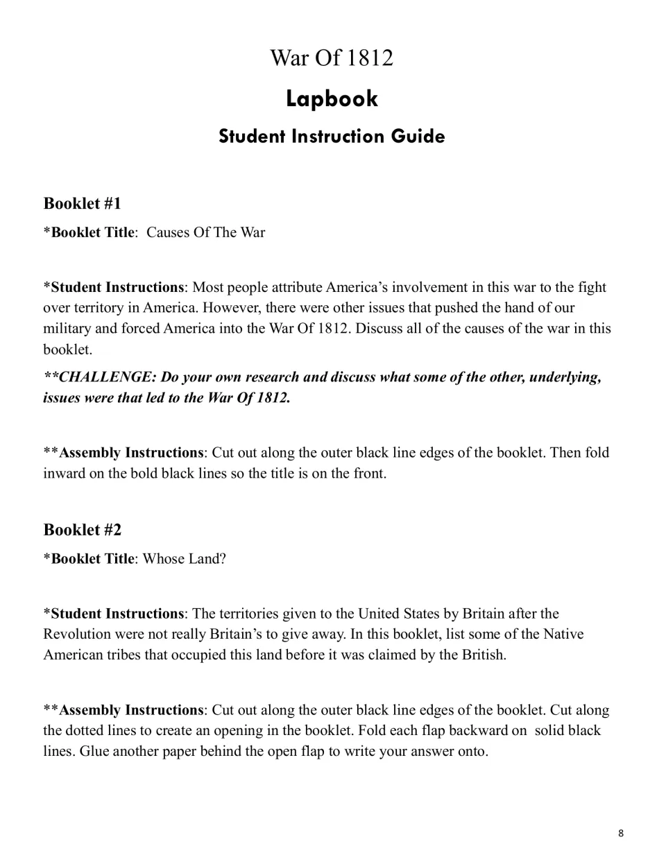 Lapbook booklet instructions 1–2: discuss causes of the war and list Native American tribes in disputed lands