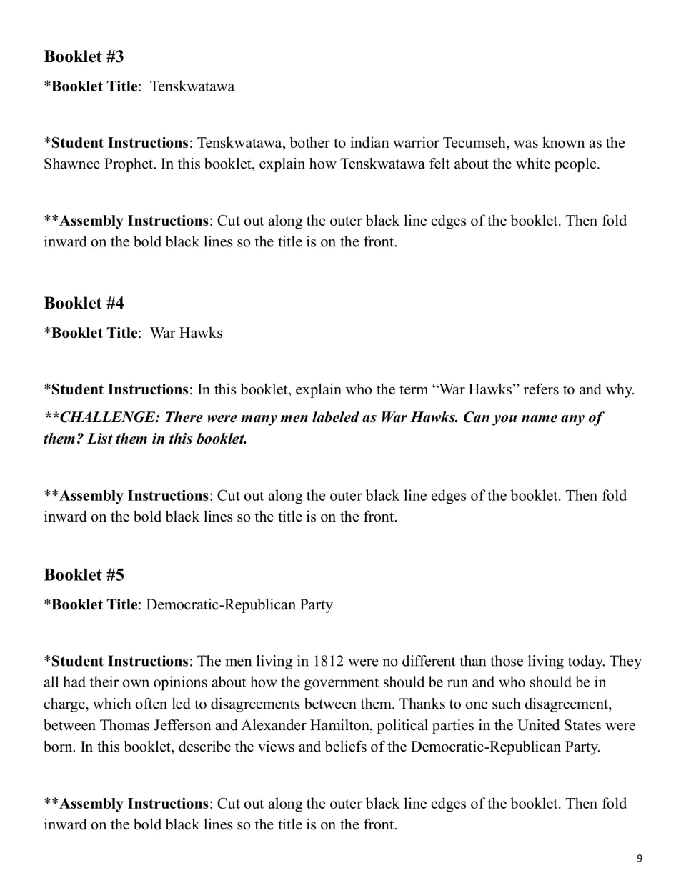Lapbook booklet instructions 3–5: explain Tenskwatawa's views, identify War Hawks, and describe a political party