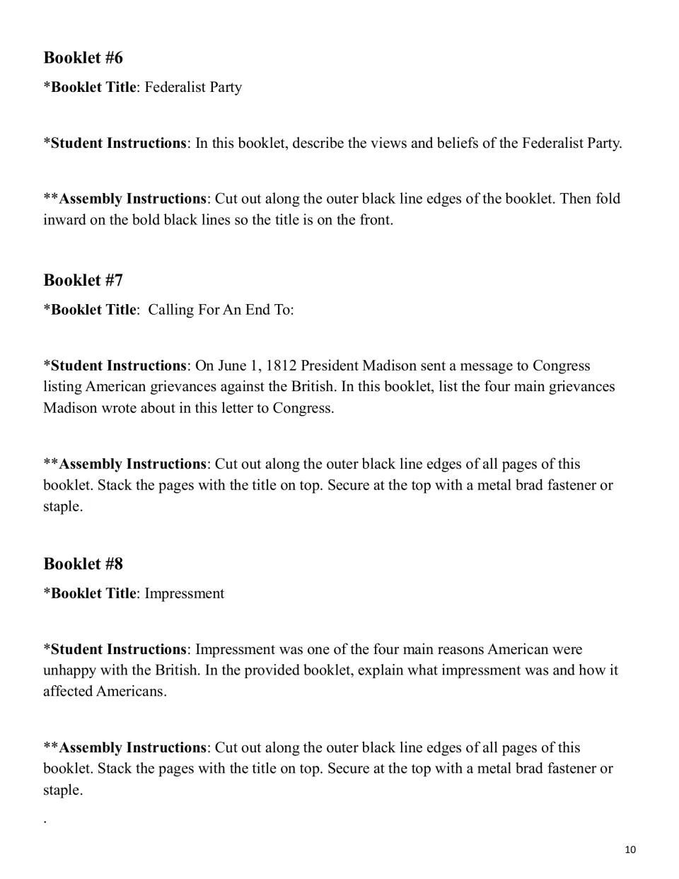 Lapbook booklet instructions 6–8: describe Federalist views, list Madison's grievances, and explain impressment