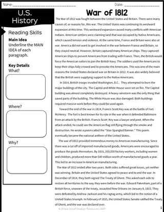 War of 1812 – 5th Grade Reading Packet – cover