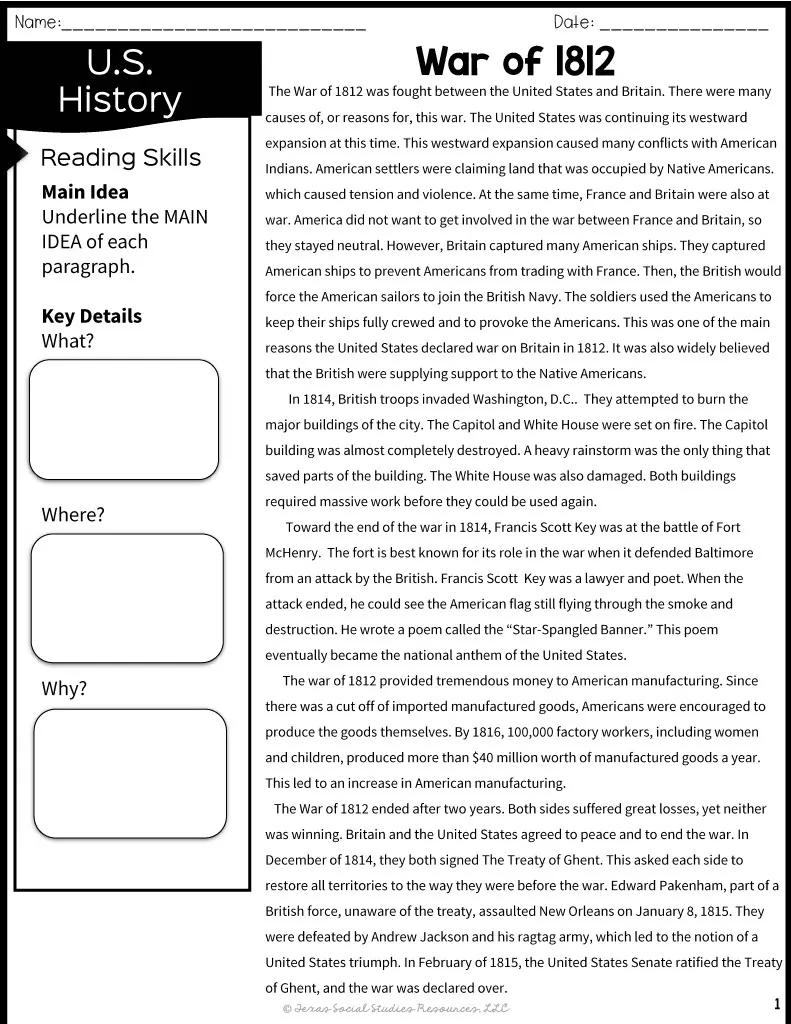 War of 1812 – 5th Grade Reading Packet – cover