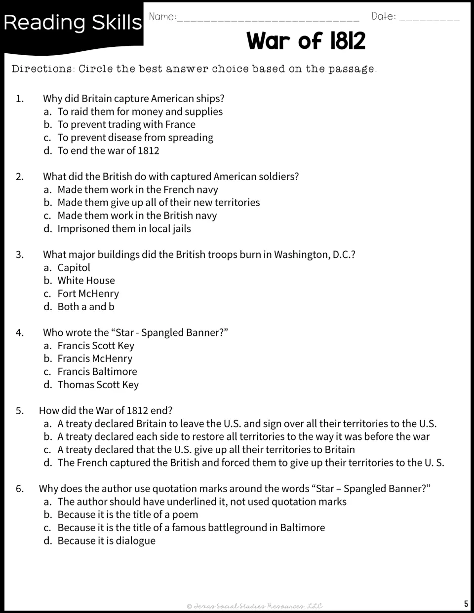 Multiple-choice questions 1–6 on captured ships, the burning of Washington, the Star-Spangled Banner and the treaty