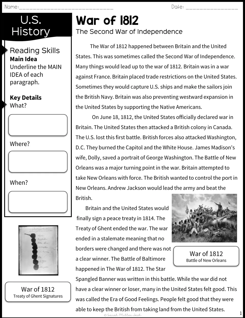 Reading passage on the War of 1812: causes, major events, and the peace treaty, with main idea practice