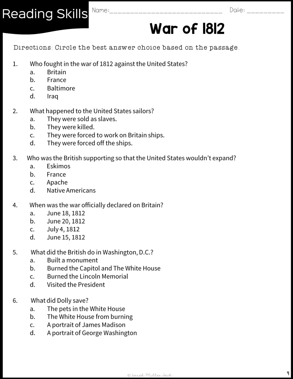 War of 1812 questions 1–6 cover Britain, sailors, Native Americans, the declaration, and Washington, D.C.