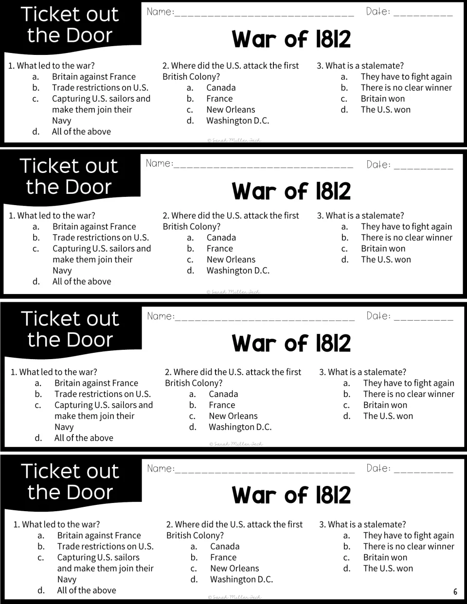 Four identical War of 1812 exit tickets ask about causes, the attack on a British colony, and stalemate
