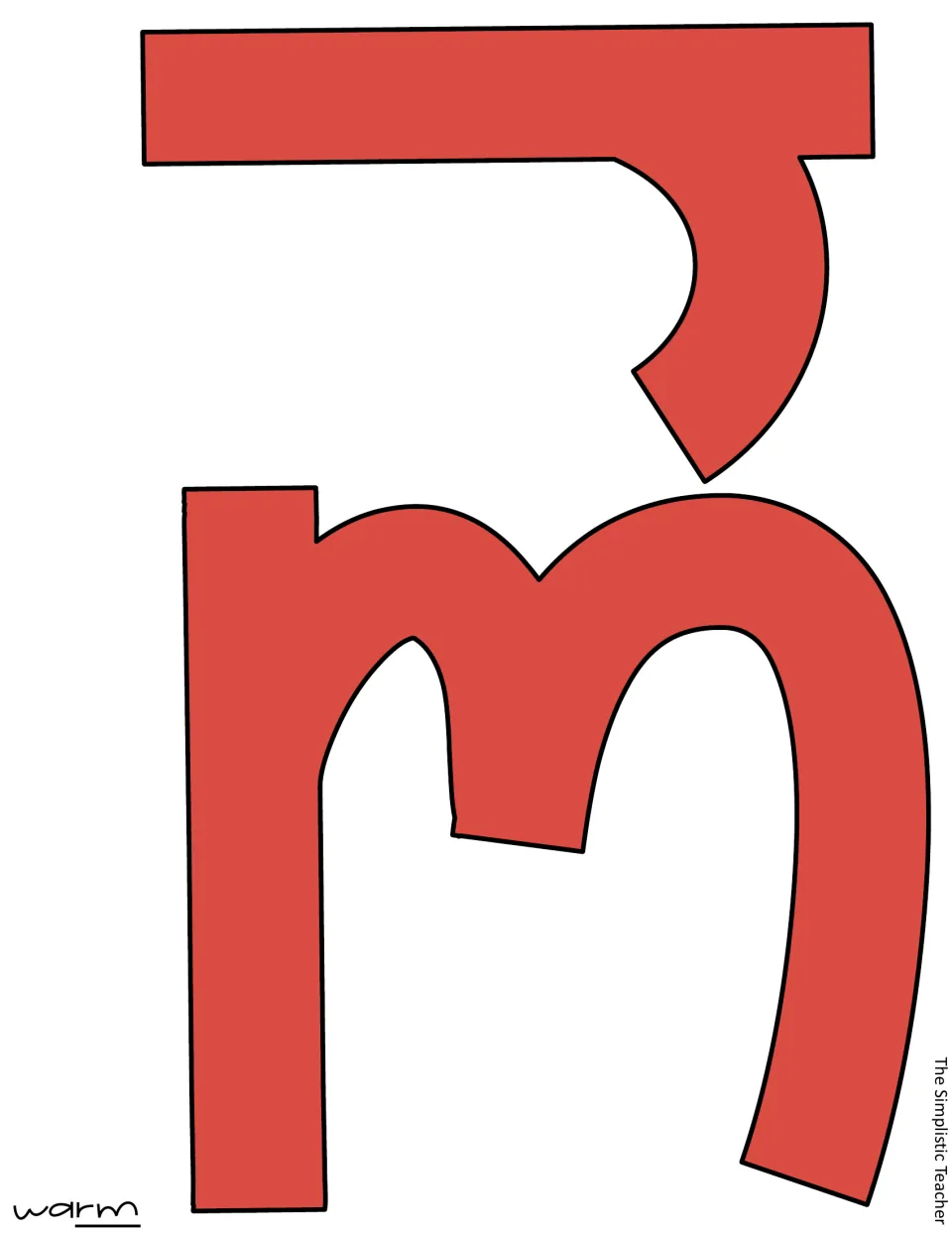 Red cutout letters r and m for “warm,” completing the color version of this holiday display word