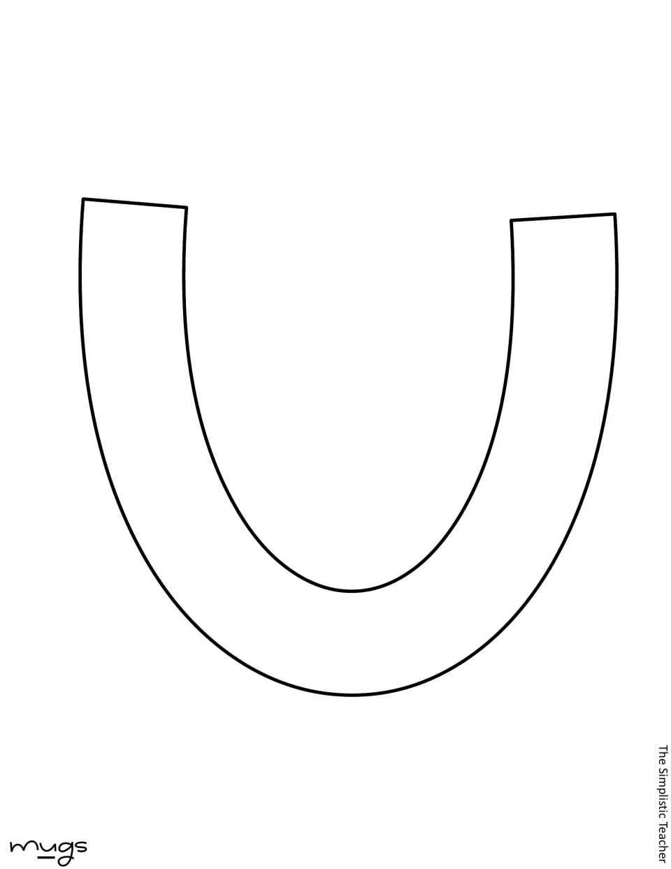 Outline cutout letter u for “mugs,” the second letter of that word in the holiday classroom display