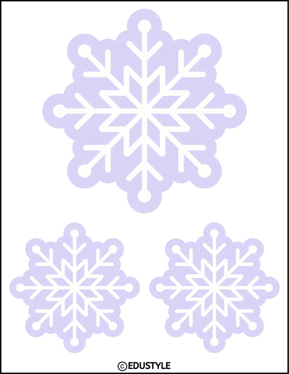 Three pastel lavender snowflake cutouts for the winter bulletin board or door decor: one large and two small