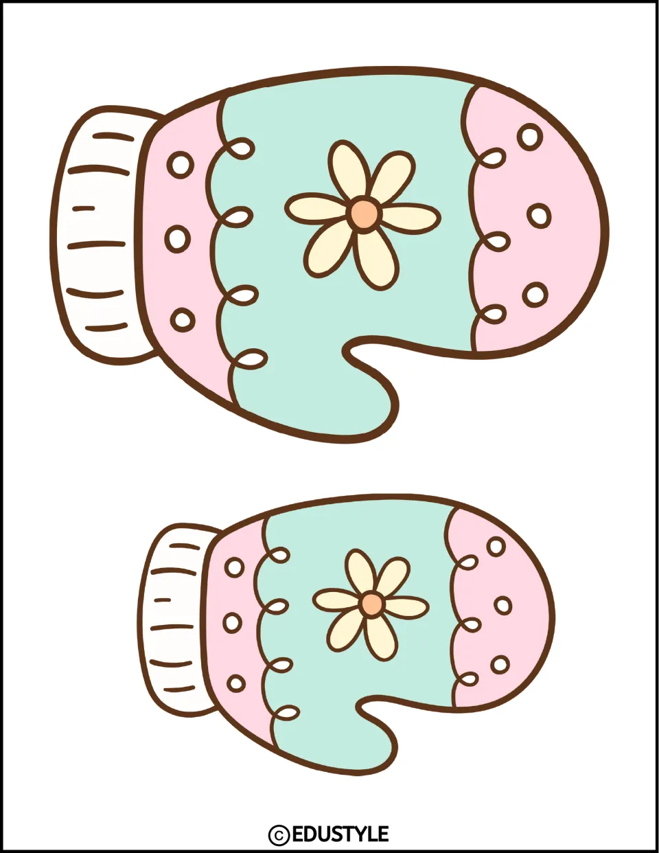 Two mint green and pink floral mitten cutouts, one larger and one smaller, for the winter classroom display