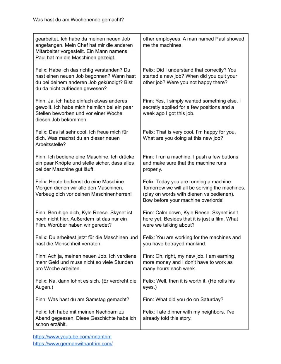 German-English dialogue, part 2: Finn describes his new job operating a machine, and Felix jokes about Skynet.