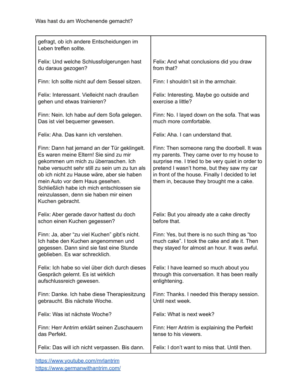 German-English dialogue, part 4: Finn's parents visit with another cake, and the friends mention a Perfekt lesson.