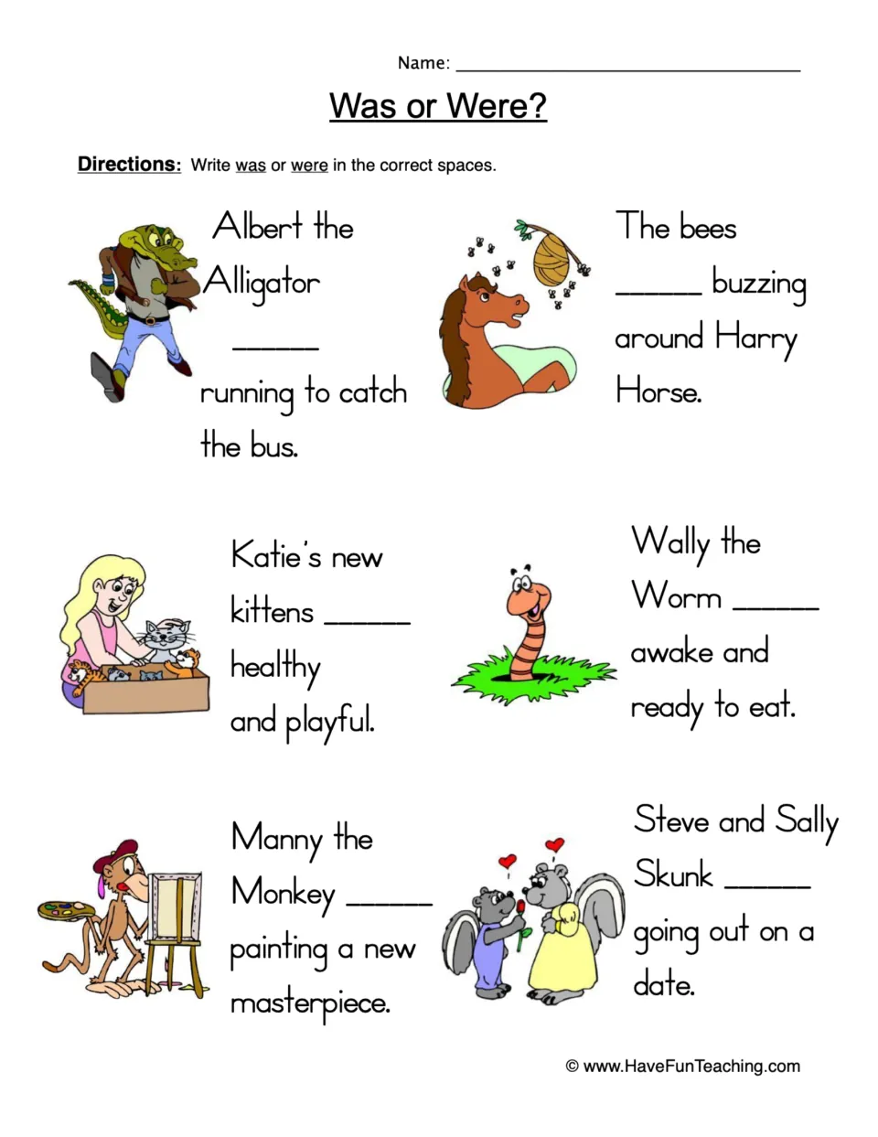 Was or Were?: students write was or were in 6 picture sentences, like bees buzzing around Harry Horse, for verb agreement