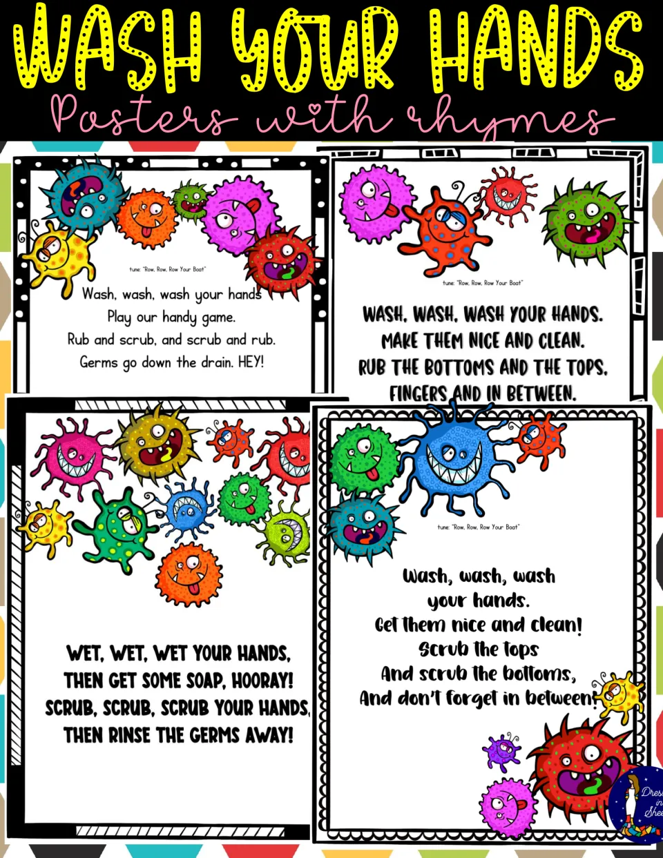 Handwashing rhyme posters cover: title over four germ-themed posters with short verses about scrubbing hands clean