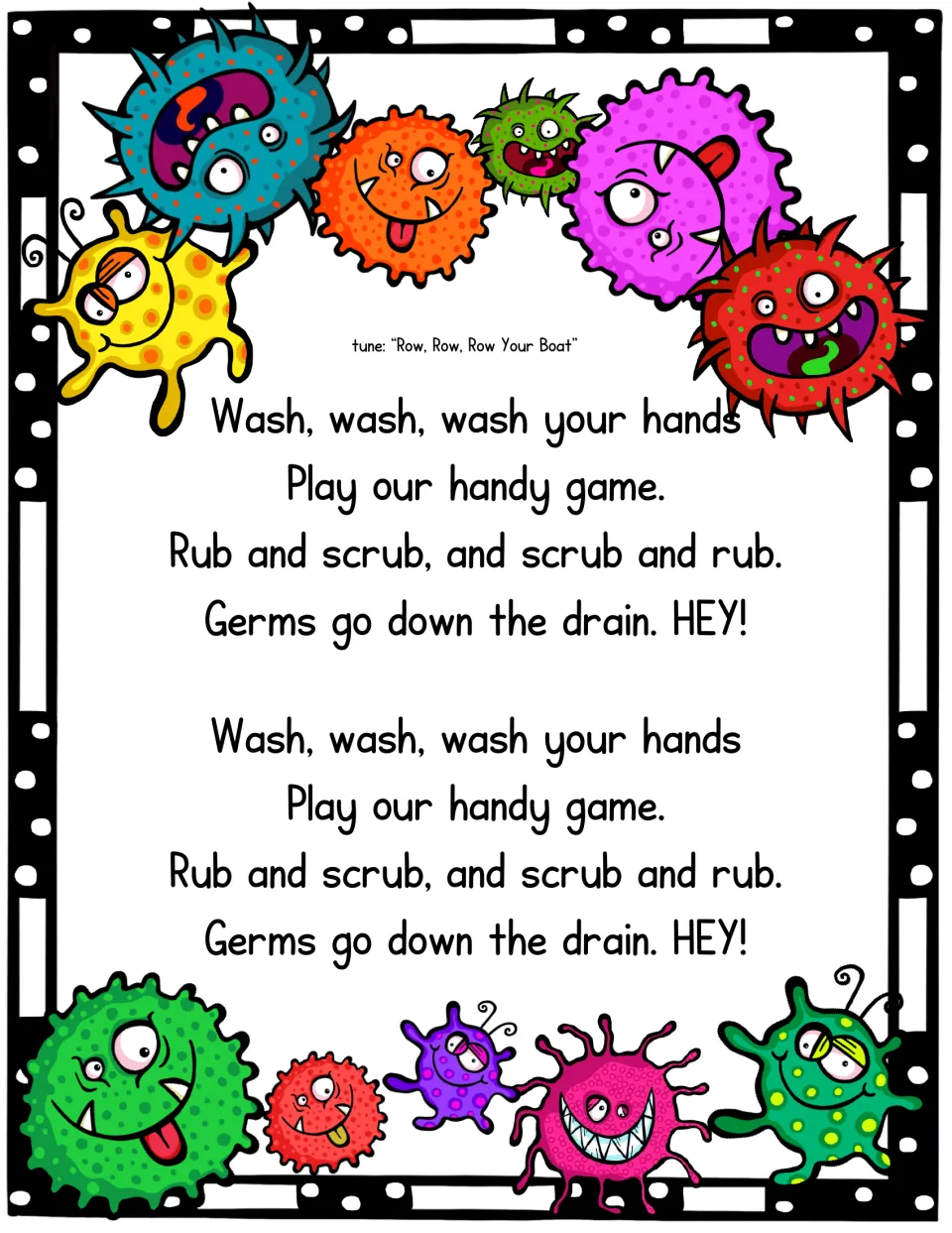 Handwashing song to Row, Row, Row Your Boat: 'Rub and scrub' verse, printed twice, sends germs down the drain